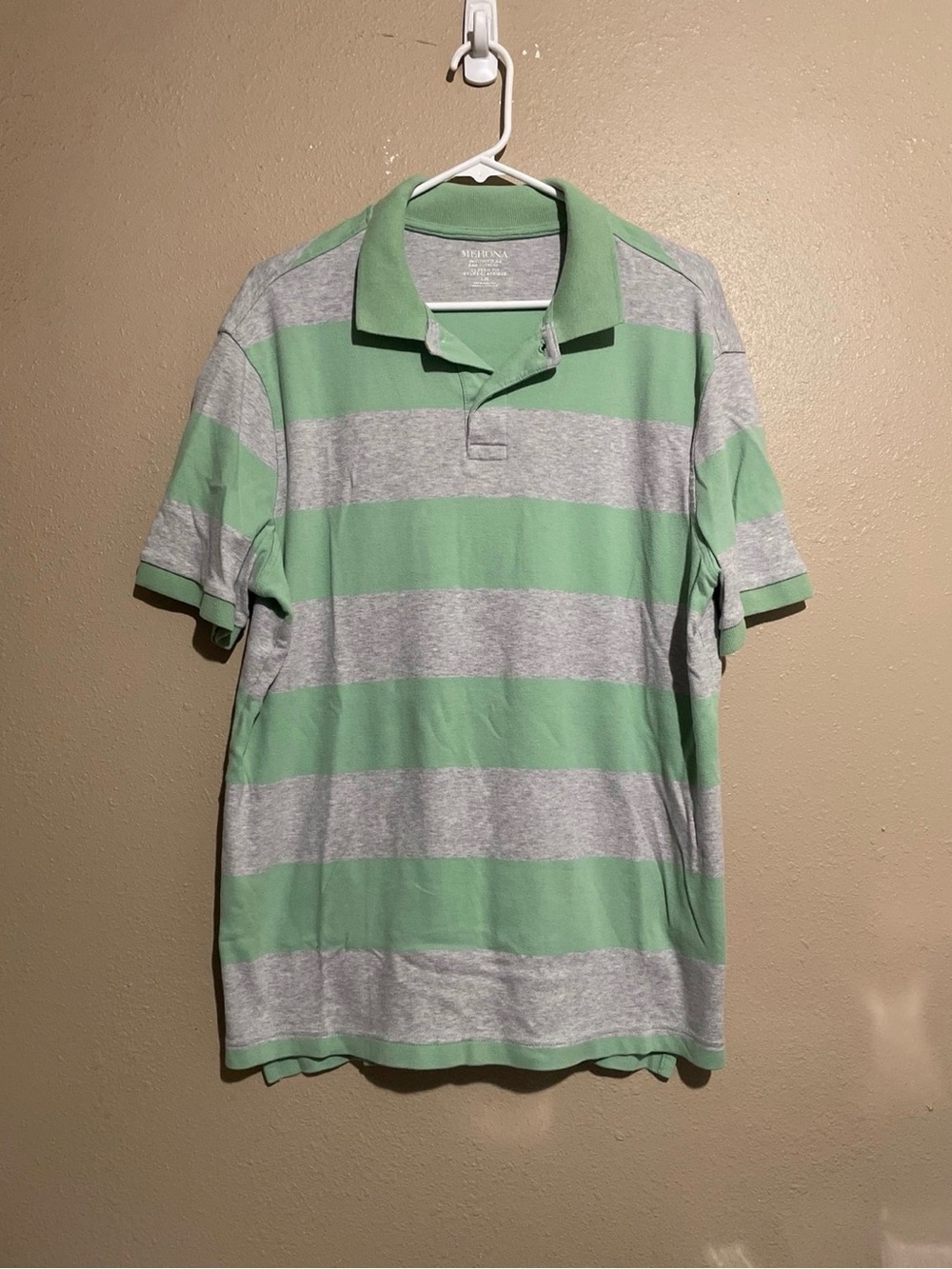 Merona Green Gray Striped Short Sleeve Polo Shirt Men’s L